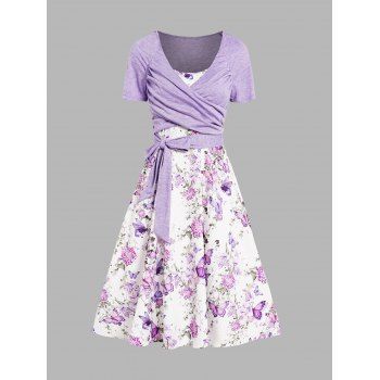 

Butterfly Floral Print A Line Vacation Sundress and Bowknot Surplice T Shirt Two Piece Summer Set, Light purple