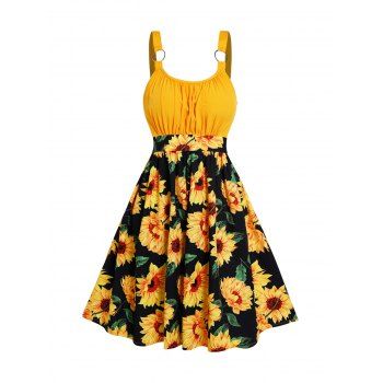 

Sunflower Print Colorblock Sundress Ruched O Ring High Waist Vacation Dress, Yellow