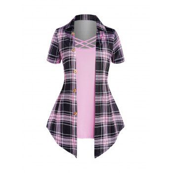 

Casual Faux Twinset T Shirt Crisscross Plaid Print Mock Button Turn Down Collar Summer Tee, Light purple