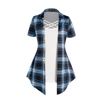 

Casual Faux Twinset T Shirt Crisscross Plaid Print Mock Button Turn Down Collar Summer Tee, Light blue