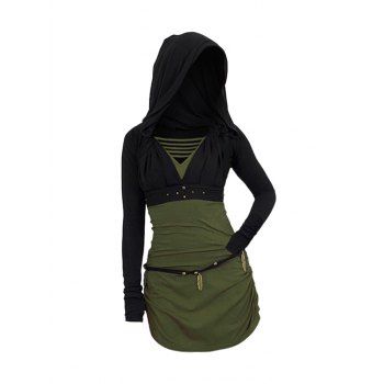 

Thumbs Hole Hooded Crop Top And Ladder Ruched Belted Mini Tank Dress Two Piece Set, Deep green