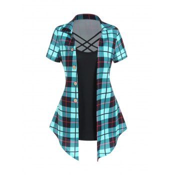 

Casual Faux Twinset T Shirt Crisscross Plaid Print Mock Button Turn Down Collar Summer Tee, Light green