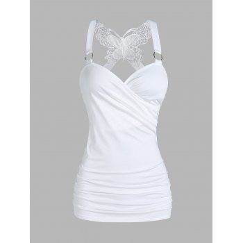 

Gothic Tank Top Ruched Butterfly Lace Cross Tank Top O Ring Surplice Summer Top, White