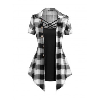 

Casual Faux Twinset T Shirt Crisscross Plaid Print Mock Button Turn Down Collar Summer Tee, Black