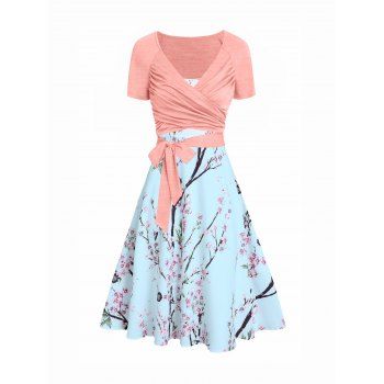 

Peach Blossom Floral Print A Line Vacation Sundress and Bowknot Surplice T Shirt Two Piece Summer Set, Multicolor d