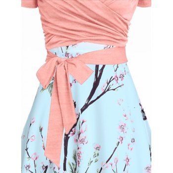 Peach Blossom Floral Print A Line Vacation Sundress and Bowknot Surplice T Shirt Two Piece Summer Set