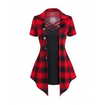 

Casual Faux Twinset T Shirt Crisscross Plaid Print Mock Button Turn Down Collar Summer Tee, Red