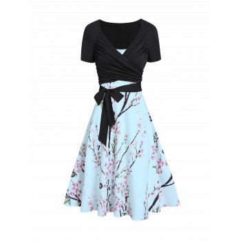 

Peach Blossom Floral Print A Line Vacation Sundress and Bowknot Surplice T Shirt Two Piece Summer Set, Light blue