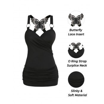 Gothic Tank Top Ruched Butterfly Lace Cross Tank Top O Ring Surplice Summer Top 