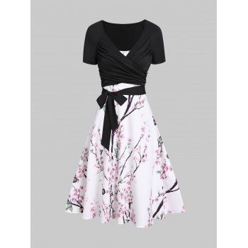 

Peach Blossom Floral Print A Line Vacation Sundress and Bowknot Surplice T Shirt Two Piece Summer Set, White