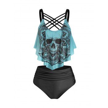 

Tummy Control Tankini Swimwear Gothic Swimsuit Skull Flower Print Crisscross Summer Beach Bathing Suit, Turquoise