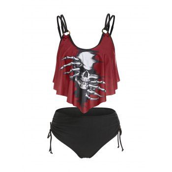 

Tummy Control Tankini Swimwear Gothic Swimsuit Skeleton Skull Print Strappy Cinched Ruched Summer Beach Bathing Suit, Black