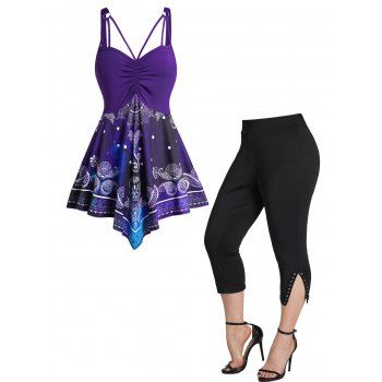 

Plus Size Galaxy Skull Paisley Print Ruched Asymmetric Tank Top and Grommet Rivet Capri Leggings Set, Purple