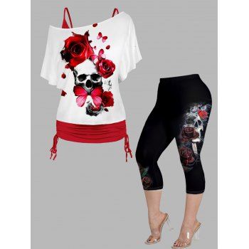 

Plus Size Colorblock Rose Butterfly Skull Print Skew Neck Tops and Elastic Waist Capri Leggings Casual Outfit, Multicolor a