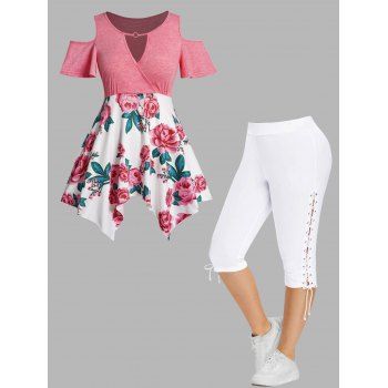 

Plus Size Flower Print Cold Shoulder Handkerchief T Shirt and Lace Up Eyelet Capri Leggings Outfit, Light pink