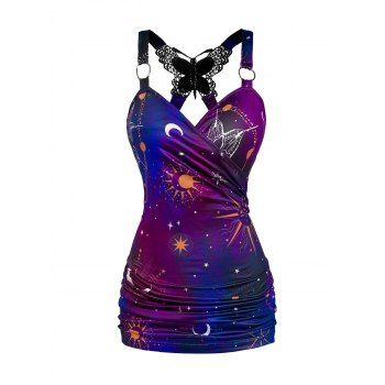 

Celestial Sun Moon Star Print Tank Top Butterfly Lace Insert Ruched Surplice O Ring Strap Tank Top, Purple