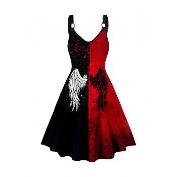 

Gothic Dress Contrast Colorblock Wing Print V Neck High Waisted A Line Mini Dress, Black