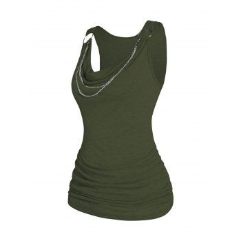 

Cowl Neck Tank Top Draped Ruched Chain Embellishment Casual Tank Top, Deep green