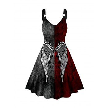 

Gothic Dress Contrast Colorblock Wing Print V Neck High Waisted A Line Mini Dress, Deep red