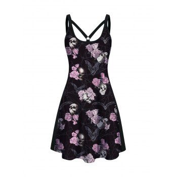 

Rose and Skull Print Gothic Tank Dress Sleeveless Casual Mini Dress, Black