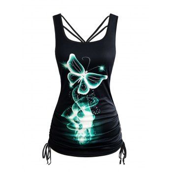 

Dreamy Butterfly Print Tank Top Cinched Tie Side Long Summer Tank Top, Green