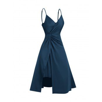 

Plain Color A Line Midi Dress Twisted Slit Plunging Spaghetti Strap Summer Dress, Deep blue