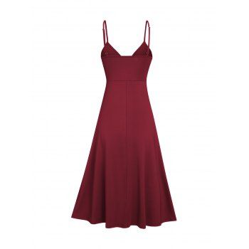 Plain Color A Line Midi Dress Twisted Slit Plunging Spaghetti Strap Summer Dress 