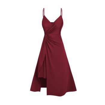 Plain Color A Line Midi Dress Twisted Slit Plunging Spaghetti Strap Summer Dress 