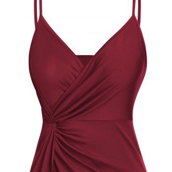 Plain Color A Line Midi Dress Twisted Slit Plunging Spaghetti Strap Summer Dress 