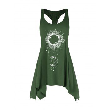 

Celestial Sun Moon Print Asymmetric Tank Top Long Casual Tank Top, Green