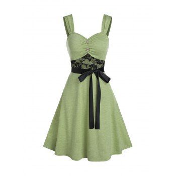 

Summer Vacation Lace Insert Button Ruched Belted Dress, Green