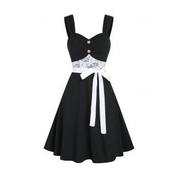 

Summer Vacation Lace Insert Button Ruched Belted Dress, Black