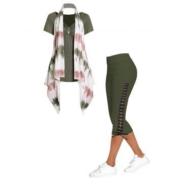 

Tie Dye Print Ruffles Ruched Asymmetric Tops and Lace Up Skinny Crop Leggings Outfit, Multicolor