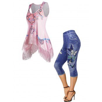 

Floral Paisley Print Fringed Asymmetric Ethnic Tank Top and Capri Jeggings Outfit, Multicolor