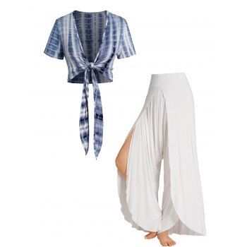 

Tie Dye Tied Open Front Cropped Top and Overlap Harem Pants Casual Outfit, Multicolor