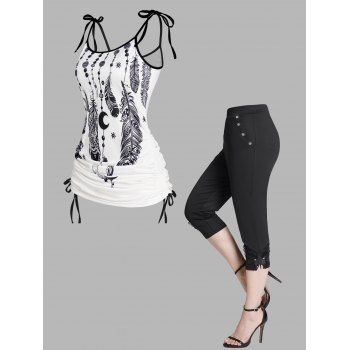 

Dream Catcher Feather Print Tied Shoulder Ruched Top and Butterfly Lace Applique Leggings Outfit, Multicolor
