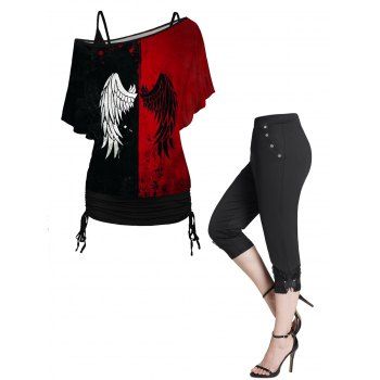 

Wing Print Skew Neck Cinched Tops and Butterfly Lace Applique Cropped Leggings Outfit, Multicolor