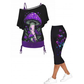 

Mushroom Print Oblique Shoulder Cinched Tops and Capri Leggings Outfit, Multicolor