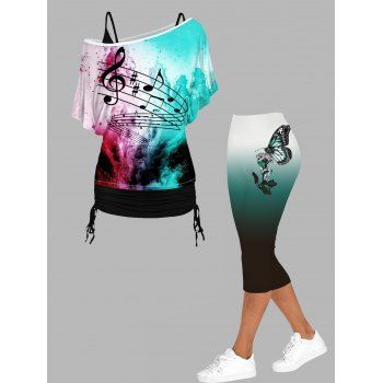 

Music Note Print Skew Neck Cinched Tops and Ombre Capri Leggings Casual Outfit, Multicolor