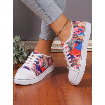 

Lace Up Raw Hem Printed Casual Flat Shoes, Red