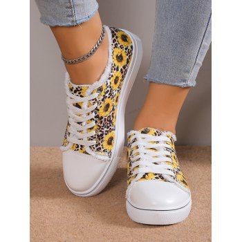 

Sunflower Leopard Print Raw Hem Lace Up Casual Shoes, Yellow