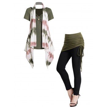 

Tie Dye Print Ruffles Ruched Asymmetric Tops and Contrast Colorblock Leggings Outfit, Multicolor