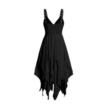 Plain Color Layered Dress Grommet Plunging Neck Empire Waist Adjustable Strap Asymmetrical Midi Dress 