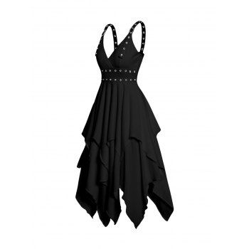 Plain Color Layered Dress Grommet Plunging Neck Empire Waist Adjustable Strap Asymmetrical Midi Dress 