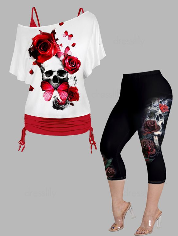Plus Size Colorblock Rose Butterfly Skull Print Skew Neck Tops and Elastic Waist Capri Leggings Casual Outfit - multicolor A L