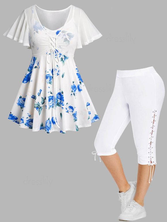 Plus Size Flower Print Spaghetti Strap Top Lace Up Bolero Shrug Cardigan and Eyelet Capri Leggings Outfit - LIGHT BLUE L