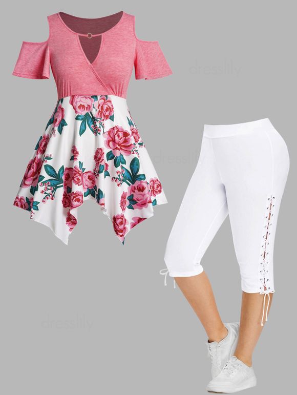 Plus Size Flower Print Cold Shoulder Handkerchief T Shirt and Lace Up Eyelet Capri Leggings Outfit - LIGHT PINK L