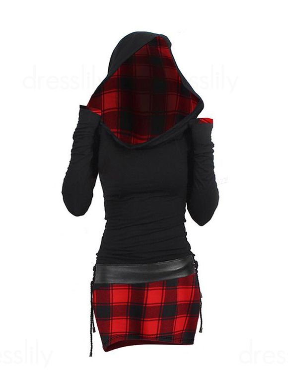 Plaid Print Turtleneck Belted Mini Dress Long Sleeve Ruched Bodycon Dress - DEEP RED L