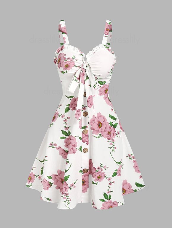 Floral Print Vacation Sundress Garden Party Dress Summer Ruffled Bowknot Mini Dress - WHITE M