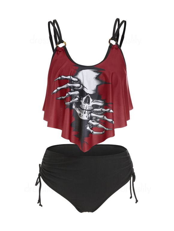 Tummy Control Tankini Swimwear Gothic Swimsuit Skeleton Skull Print Strappy Cinched Ruched Summer Beach Bathing Suit - BLACK S